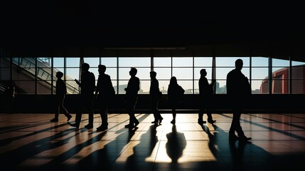 Silhouette of commuter at subway station, train station or airport. Rush hour from people on public transport