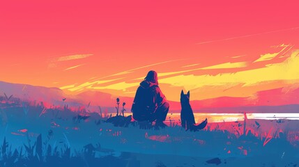 An illustration capturing the bond between a pet and its owner set against a scenic backdrop with the dog and people depicted in isolation on a clean white background This is a 2d graphic i