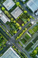 A drone aerial view of a green logistics hub, highlighting the integration of nature with logistics facilities for environmental sustainability