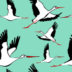 Obraz premium Seamless pattern with flying birds. Crane. Heron. Japanese pattern. Ornament with oriental motifs. Not AI, Vector illustration