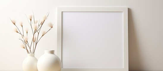 White vase and frame on table - obrazy, fototapety, plakaty