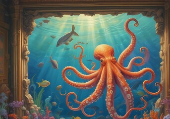 Obraz premium style painting of a beautiful orange octopus