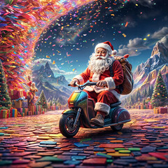 A Painting of a Santa's Glimmering Journey: Jolly Saint Nick Soars on a Prismatic Path - obrazy, fototapety, plakaty