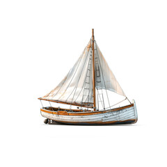 Wooden Model of a Sailboat on a White Background. Generative AI