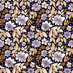 Watercolor floral in purple, brown orange, blue and black. Seamless pattern.  - 789891968
