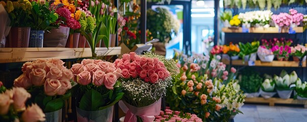 A luxury flower shop that sells bouquets with various types of colorful flowers - obrazy, fototapety, plakaty