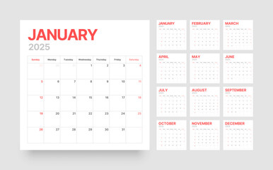 Monthly calendar template for 2025 year. Desk calendar in a minimalist style. Week Starts on Sunday. 