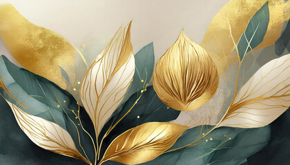 Luxury minimal style wallpaper with golden line art flower and botanical leaves