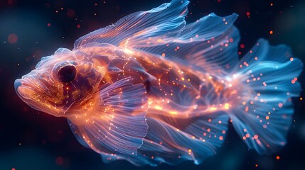 Surreal fantasy background. Deep sea fish, mysterious creature. Beautiful transparent colorful marine life sea animal holographic glowing in dark ocean underwater.