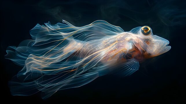 Deep sea fish, mysterious creature. Beautiful transparent colorful marine life sea animal holographic glowing in dark underwater. Creative unique ocean 3d digital artwork, surreal fantasy background.