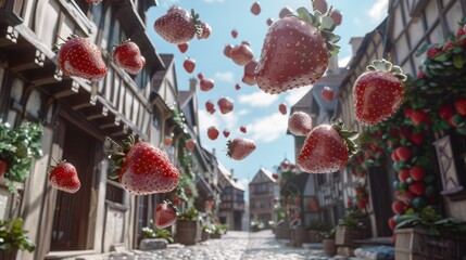 Floating strawberries with water droplets in an old European street, blending reality with fantasy