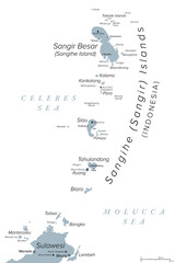 Sangihe Islands, an Indonesian archipelago, gray political map. Also Sangir, Sanghir or Sangi Islands, north of Sulawesi, between Celebes and Molucca Sea, with active volcanoes Mt. Awu and Mt. Ruang.