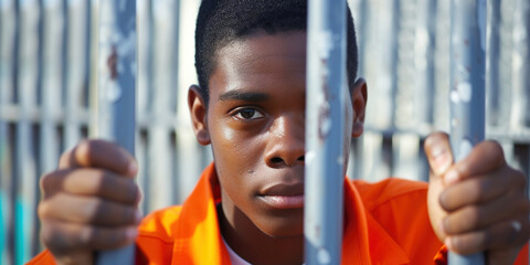 African-American teenage criminal behind bars in prison. Prisoner sit look into camera. Depicting imprisonment, criminal justice fair punishment, spend life in locked jail, incarceration theme concept