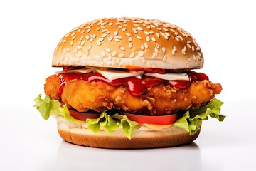 Gourmet Crispy Chicken Burger with Fresh Ingredients on White Background
