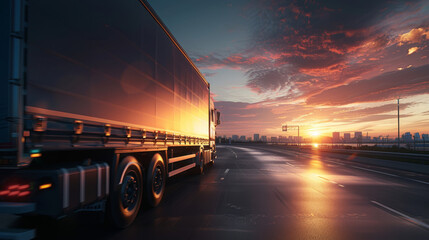 Back closeup view of a delivery truck driving on a road with morning sunrise light and cityscape in background