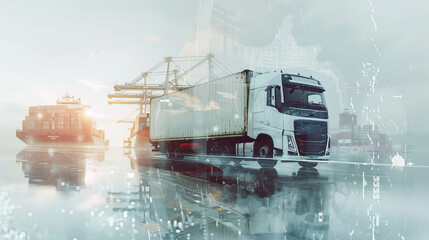 Transportation and logistic concept image with truck letting also see an harbor with container ship