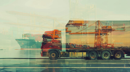 Transportation and logistic concept image with truck letting also see an harbor with container ship