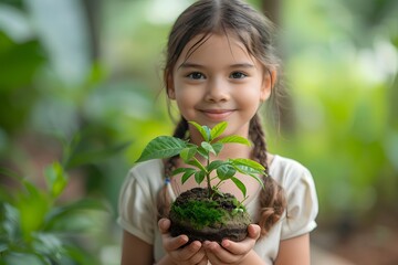 Young Girl Holding Green Plant. Generative AI