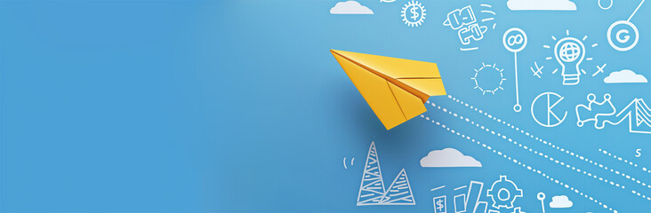 A paper airplane with yellow wings is flying on a blue background, drawn in white with various business icons and symbols representing vision or goal setting for success