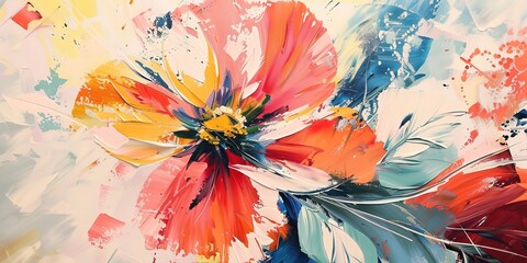 Vivid abstract painting depicting a dynamic flower-like form with colorful strokes.