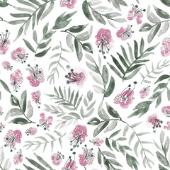 Watercolor floral in pink and greenish grey. Seamless pattern.  - 789894558