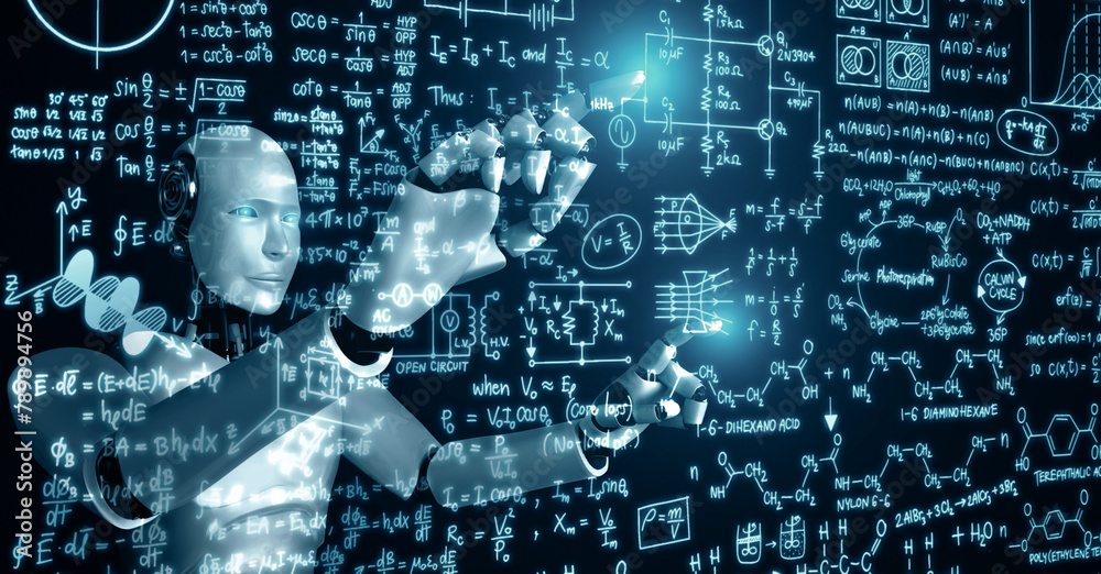 Poster mlb 3d illustration ai hominoid robot touch screen of mathematics formula and science equation by us