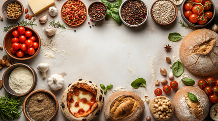 Fototapeta na wymiar Food photography of a mediterranean italian pizza on a light background, top view, ingredients and different baked breads sprinkeled around, a ball of dough next to the pizza.