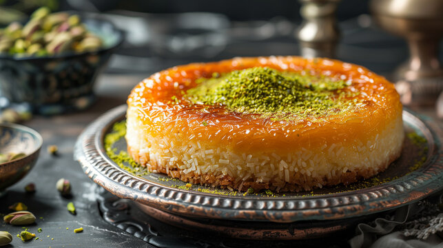 
Turkish traditional dessert - kunafa, kadayif, Oriental Arabic sweets kunefe with cheese on a decorative plate with powdered green pistachios, baklava