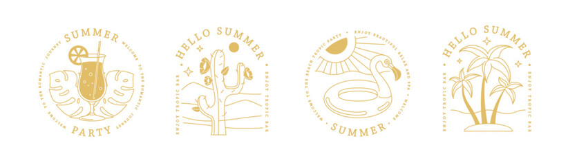 Set of line art summer icons with palm tree, pina colada cocktail, cactus, crab and Inflatable flamingo circle. Set of summer posters. Vector illustration - obrazy, fototapety, plakaty