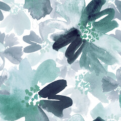 Watercolor floral in emerald and black. Seamless pattern.  - 789896168