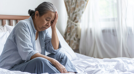 Fototapeta premium copy space, stockphoto, elderly hispanic woman sitting on bed, having a depression. Mental health of elderly people, senior woman sitting on the bed, feeling lonely. Mental health problems, depression