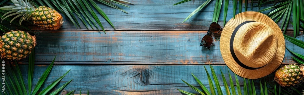 Wall mural summer vacation in the tropics: ocean panorama with pineapple, palm leaves, and straw hat on wooden 