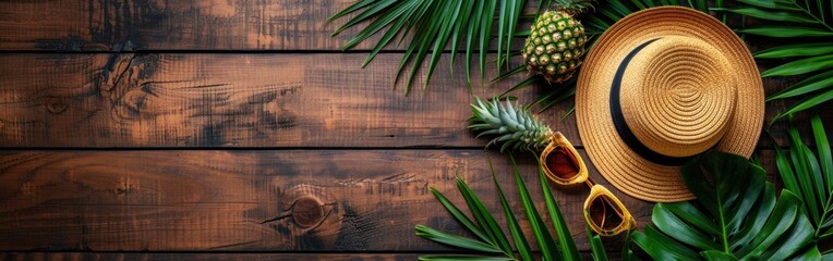 Summer Vacation in the Tropics: Ocean Panorama with Pineapple, Palm Leaves, and Straw Hat on Wooden Table - Top View Greeting Card or Banner - Powered by Adobe