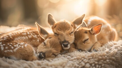 Obraz premium A couple of baby deer laying next to each other