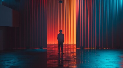 A theater director using AI to enhance live performances, in a simple, creative backstage area, styled as artistic minimalism.