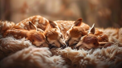 A group of baby deer laying on top of a pile of fur