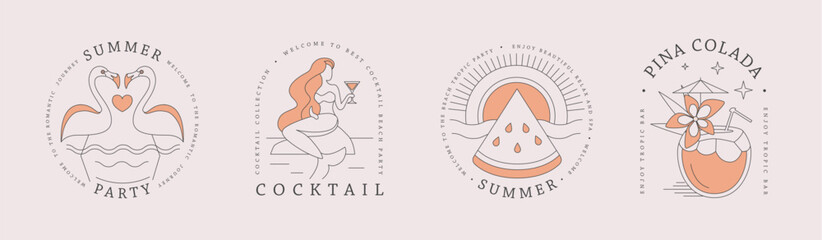 Set of line art summer icons with flamingo, pina colada cocktail, mermaid and watermelon. Set of summer posters. Vector illustration - obrazy, fototapety, plakaty