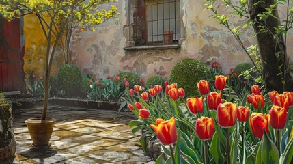 A painting of tulips in front of a building