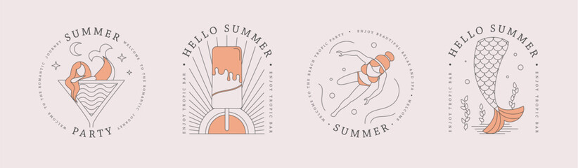 Set of line art summer icons with swimming girl, cosmopolitan cocktail, mermaid and ice cream. Set of summer posters. Vector illustration