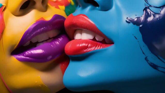 Lips of people kissing together with vibrant colors on face	