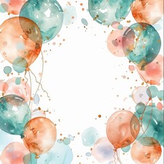 Watercolor balloons in blue and peach tones.