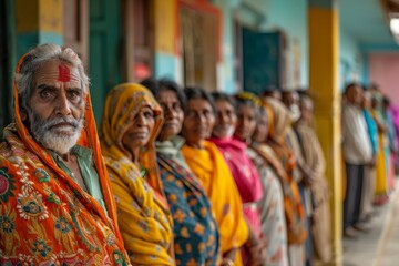 Rural Indians queueing up to vote during elections in India, copy space,