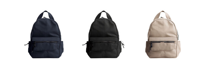 set of different minimalist backpacks for school, featuring sleek designs and neutral colors, isolated on transparent background