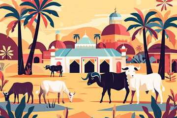 Flat graphic illustration Eid al-Adha celebration in a rural setting with geometrically shaped animals like rams and cows, using vibrant colors to accentuate the festive mood - obrazy, fototapety, plakaty