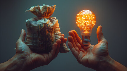 A hand holding light bulb other hand holding money Idea trading for money concept for business idea sell, buyer and customer - obrazy, fototapety, plakaty
