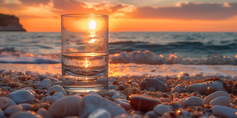 Organic pure fresh natural water. Healthy refreshing drink. A glass of pouring crystal mineral drinking aqua water on blurred nature beach sea ocean sunset sunrise landscape background. Copy paste