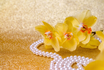 yellow Orchid and pearl necklace on a shiny gold background