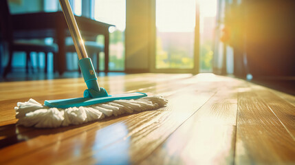 Modern blue mop with microfiber standing on the wooden parquet floor. Process of cleaning room. Concept supporting house hygiene. Household chores. Clear surface. Close-up.