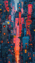 A vertical cityscape of stacked robots in various colors, showcasing a vibrant and imaginative futuristic world