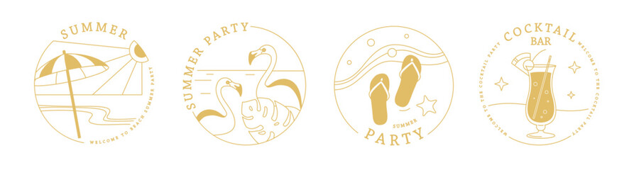 Set of line art summer icons with cocktail, flamingo, beach ubmrella and flip flops. Set of summer posters. Vector illustration